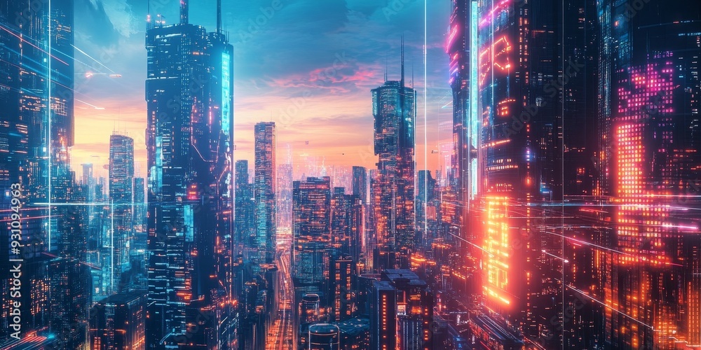 Close-up of a high-tech cityscape, featuring glowing skyscrapers, automated transport systems, and advanced energy grids under a neon sky Close-up of a high-tech cityscape, featuring glowing skyscrapers, automated transport systems, and advanced energy grids under a neon sky
