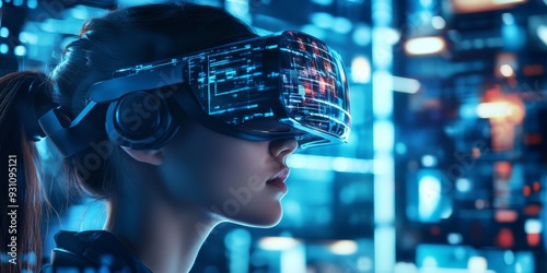 Close-up of VR gaming in a futuristic architectural environment, featuring immersive digital worlds, holographic displays, and advanced gaming interfaces