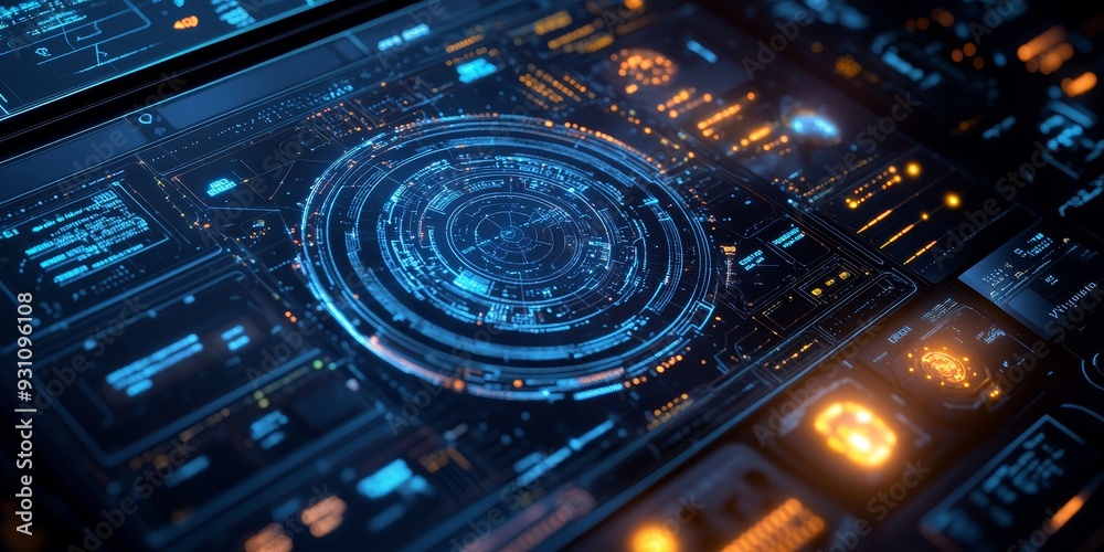Obraz premium Close-up of a digital control panel with advanced holographic buttons, real-time space data, and interactive celestial mapping tools