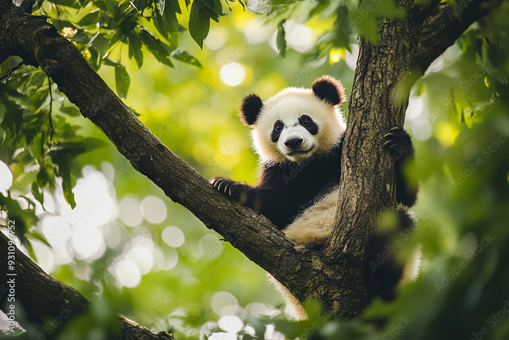 Obraz premium Panda climbing a tree branchv