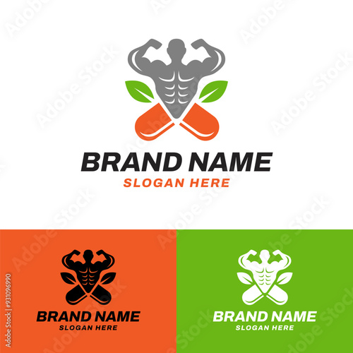fitness supplement strong body workout natural green leaves include capsule symbol icon flat logo stock vector design