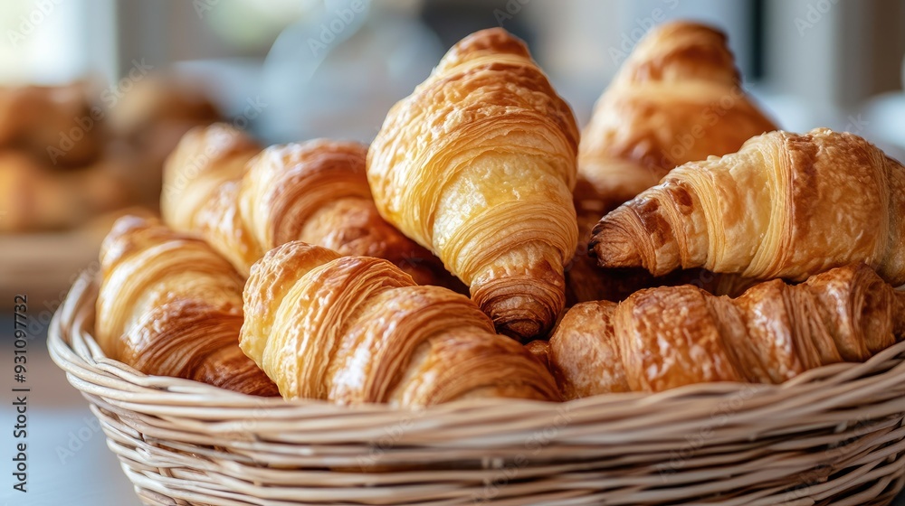 A basket of flaky croissants, displayed on a table, invitingly warm and ready to be enjoyed. A basket of flaky croissants, displayed on a table, invitingly warm and ready to be enjoyed.