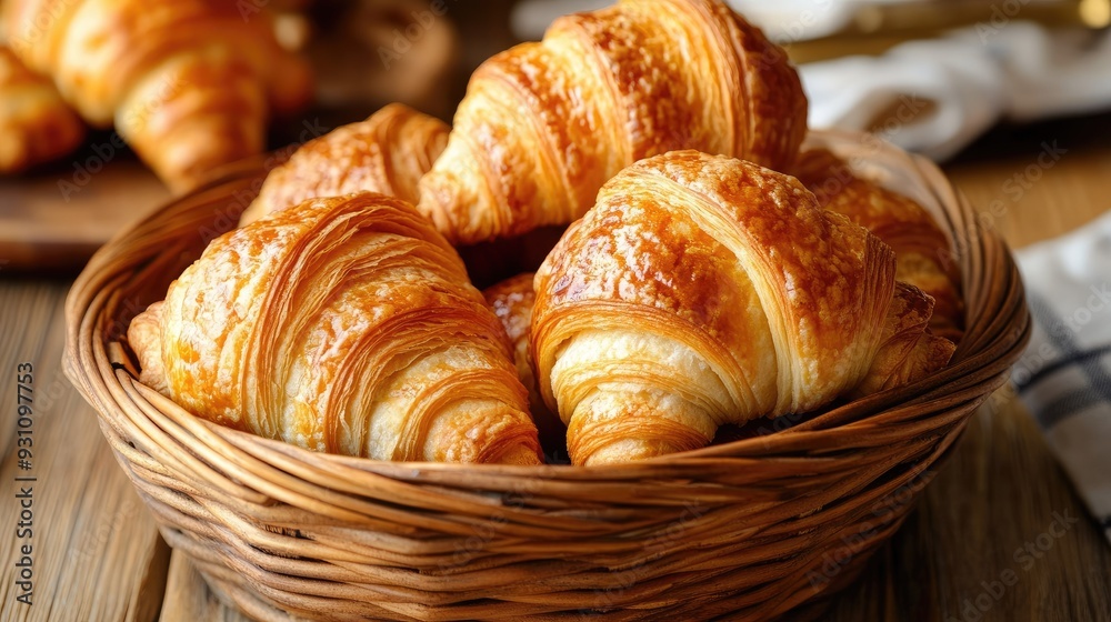 A basket of flaky croissants, displayed on a table, invitingly warm and ready to be enjoyed. A basket of flaky croissants, displayed on a table, invitingly warm and ready to be enjoyed.