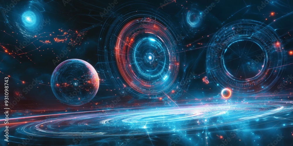 Obraz premium Advanced drones mapping a newly discovered planetary system, with holographic overlays showing atmospheric data and energy fields