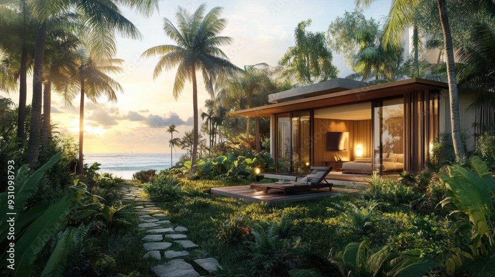 A tranquil, luxurious beachside villa surrounded by tropical greenery, with a path leading to the ocean, evoking a sense of paradise and relaxation. A tranquil, luxurious beachside villa surrounded by tropical greenery, with a path leading to the ocean, evoking a sense of paradise and relaxation.