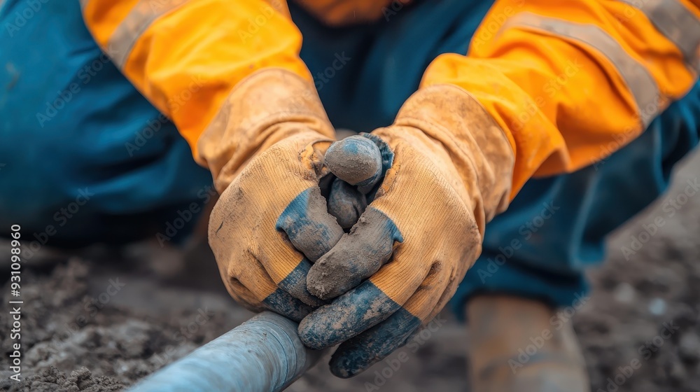 Close-up of laborer's hands in gloves, gripping tool for construction work in a field. Showcases determination and craftsmanship. Close-up of laborer's hands in gloves, gripping tool for construction work in a field. Showcases determination and craftsmanship.
