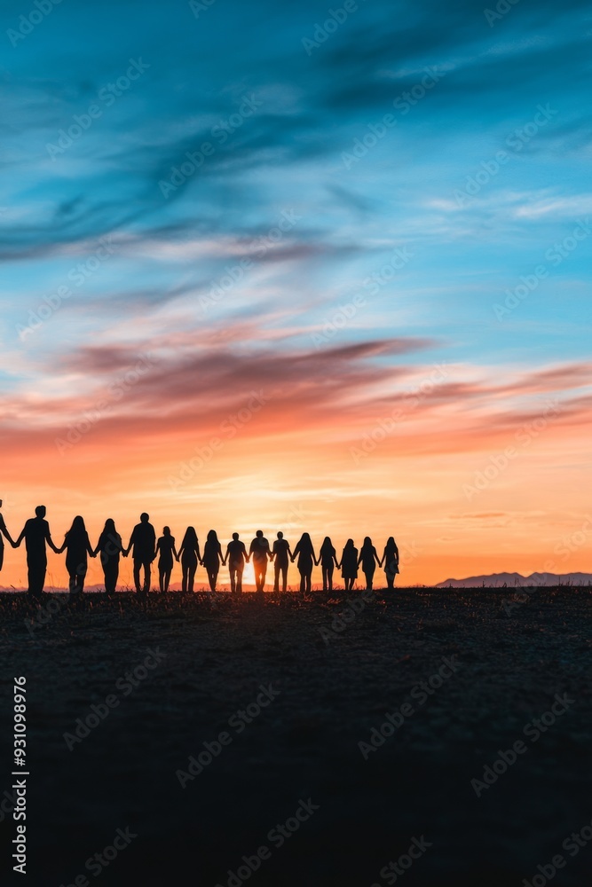A line of people from different ethnicities holding hands, with their shadows forming a united chain The background is a sunset sky, Generative AI A line of people from different ethnicities holding hands, with their shadows forming a united chain The background is a sunset sky, Generative AI