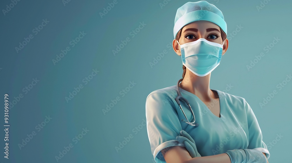 A female healthcare worker in scrubs with a surgical mask and stethoscope A female healthcare worker in scrubs with a surgical mask and stethoscope