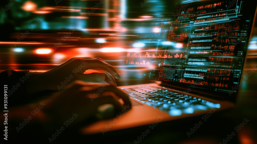 Hands typing code on a laptop keyboard with dynamic abstract light trails in the background depicting a fast-paced digital environment. Hands typing code on a laptop keyboard with dynamic abstract light trails in the background depicting a fast-paced digital environment.