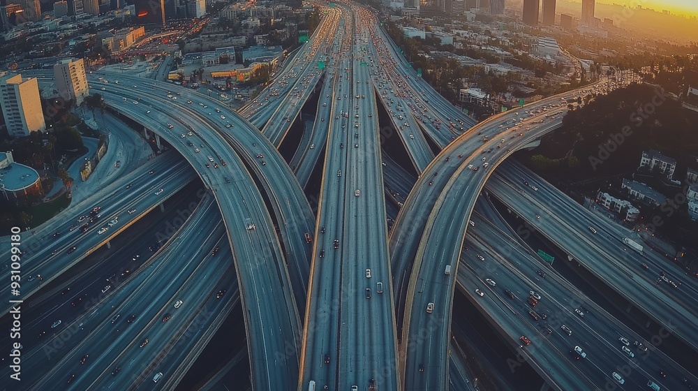 An aerial view of a sprawling network of highways crisscrossing a bustling cityscape at dusk. An aerial view of a sprawling network of highways crisscrossing a bustling cityscape at dusk.