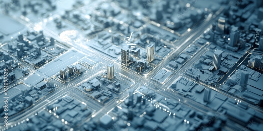 A futuristic city planning interface with dynamic layouts, real-time data streams, and interactive design elements for smart urban development