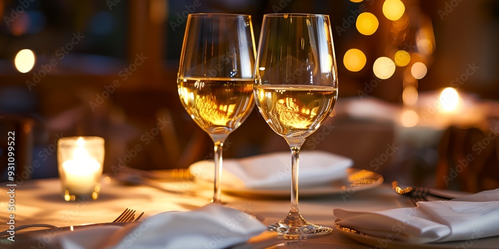 Two wine glasses on a table with a candle in the background. Scene is romantic and intimate Two wine glasses on a table with a candle in the background. Scene is romantic and intimate