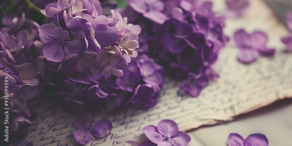 Φωτογραφία A bouquet of purple flowers is on top of a piece of paper with writing on it