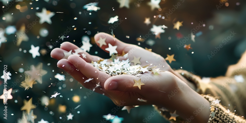 A hand is holding a handful of glittering stars. Concept of magic and wonder, as the stars sparkle and shine in the light. The scene could be interpreted as a celebration or a moment of joy A hand is holding a handful of glittering stars. Concept of magic and wonder, as the stars sparkle and shine in the light. The scene could be interpreted as a celebration or a moment of joy