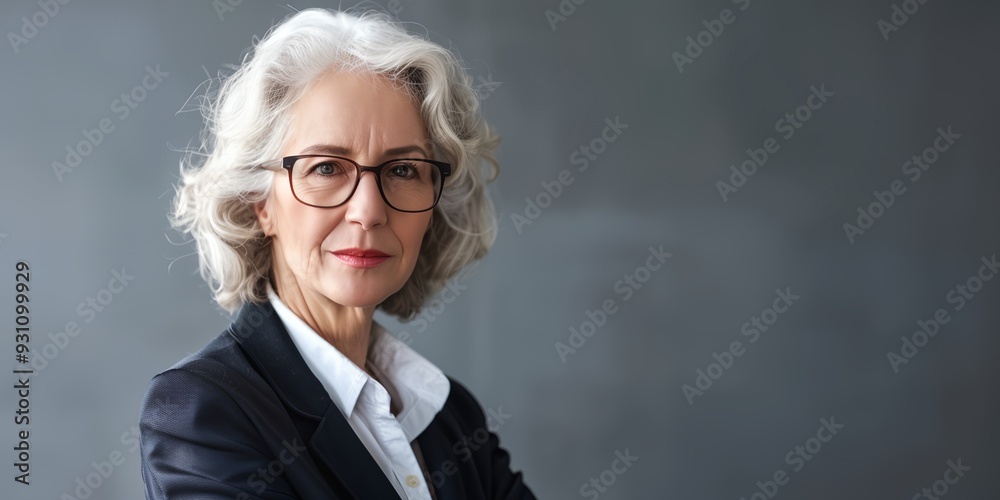 A woman in a business suit and glasses is standing in front of a gray wall. She is wearing a white shirt and a black jacket A woman in a business suit and glasses is standing in front of a gray wall. She is wearing a white shirt and a black jacket