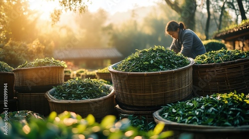 A woman is seen working diligently among large baskets filled with freshly picked tea leaves during a misty morning in a lush garden. photo