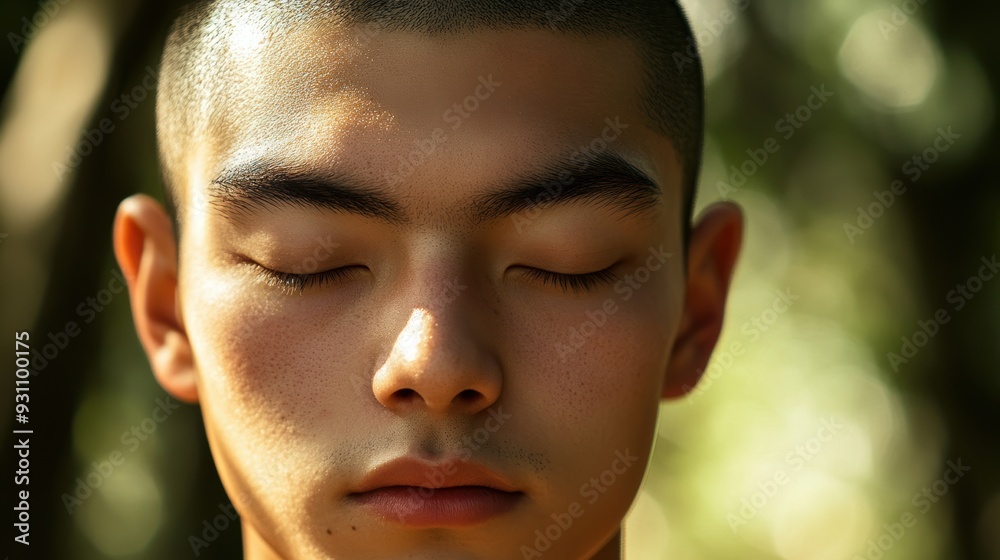 A young individual with a shaved head meditatively closing their eyes, basking in natural sunlight in a serene forest setting. A young individual with a shaved head meditatively closing their eyes, basking in natural sunlight in a serene forest setting.