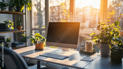 A tidy workspace with morning sunlight, Monday morning, clean and organized photo