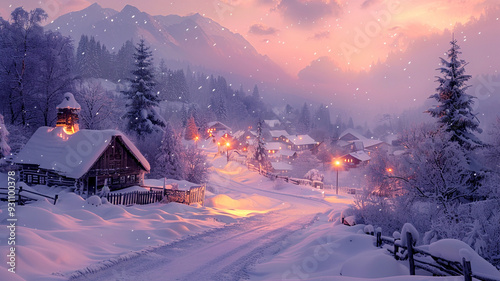 A snowy winter evening in a tranquil mountain village during sunset