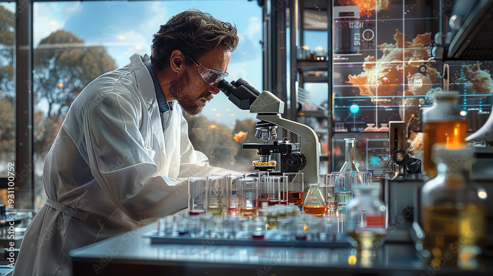 A scientist in a white coat and safety glasses focuses on a chemical experiment, stainless steel table filled with complex tools like an electron microscope and colorful petri dishes. Generative AI. A scientist in a white coat and safety glasses focuses on a chemical experiment, stainless steel table filled with complex tools like an electron microscope and colorful petri dishes. Generative AI.