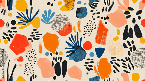Abstract shapes and botanical motifs in playful colors, creating a whimsical seamless pattern on a soft beige backdrop1