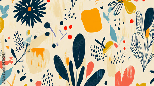 Abstract shapes and botanical motifs in playful colors, creating a whimsical seamless pattern on a soft beige backdrop2