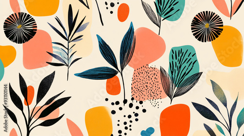 Abstract shapes and playful botanical elements in vibrant colors, forming a seamless pattern on a light background1