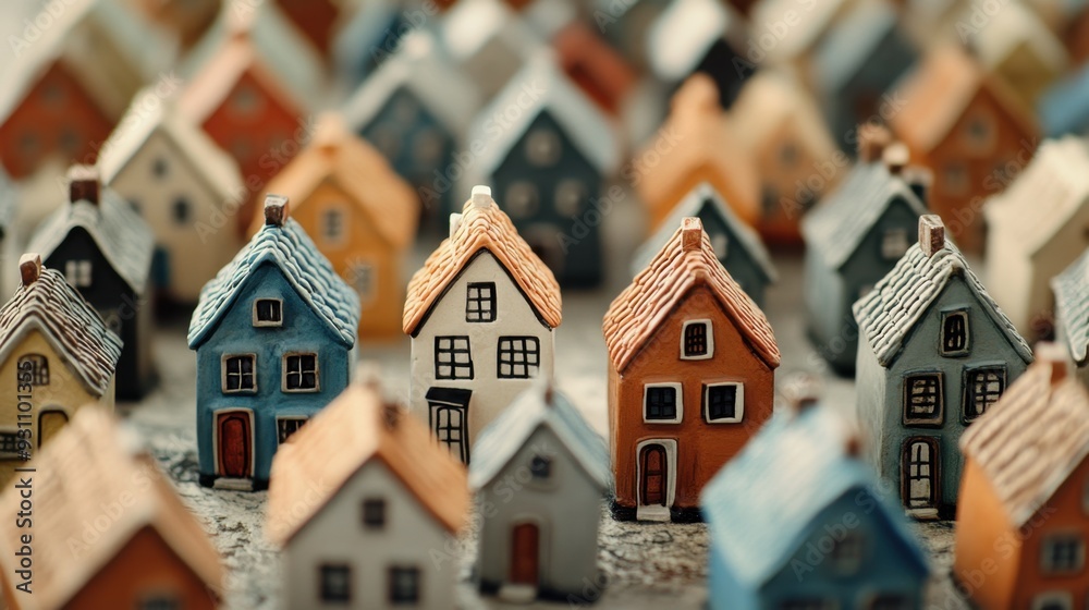 detailed clay houses lined up to create a miniature real estate concept, symbolizing home ownership and property investment. detailed clay houses lined up to create a miniature real estate concept, symbolizing home ownership and property investment.