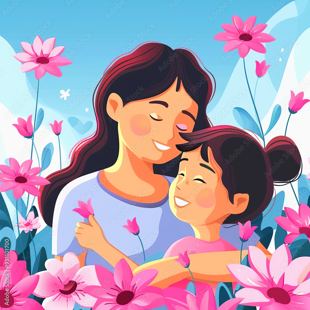 Mother and Daughter Embracing Amidst Pink Flowers Mother and Daughter Embracing Amidst Pink Flowers