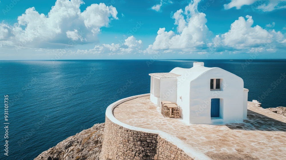 Aerial shot of a white-brick cafe on a remote island, with stone walls, blue ocean, and skies with white clouds blending seamlessly. Aerial shot of a white-brick cafe on a remote island, with stone walls, blue ocean, and skies with white clouds blending seamlessly.