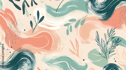 Colorful abstract pattern with soft waves and botanical shapes in pink, green, and blue tones on a beige background