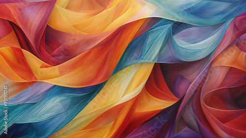Vibrant abstract painting with flowing curves and intertwining shapes, featuring warm oranges, cool blues, and rich purples in a dynamic, harmonious composition