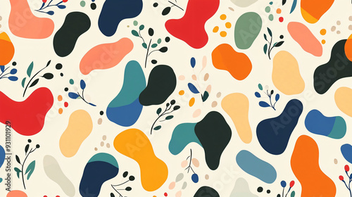 Colorful abstract shapes with smooth curves and small leaves, forming a vibrant seamless pattern on a light background