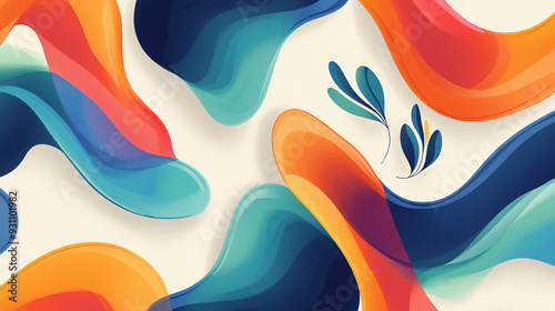 Colorful abstract shapes with smooth curves and small leaves, forming a vibrant seamless pattern on a light background2