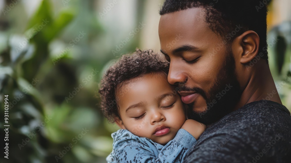 Fototapeta premium A father carrying his sleeping toddler on his shoulder, capturing a moment of trust, safety, and unspoken love