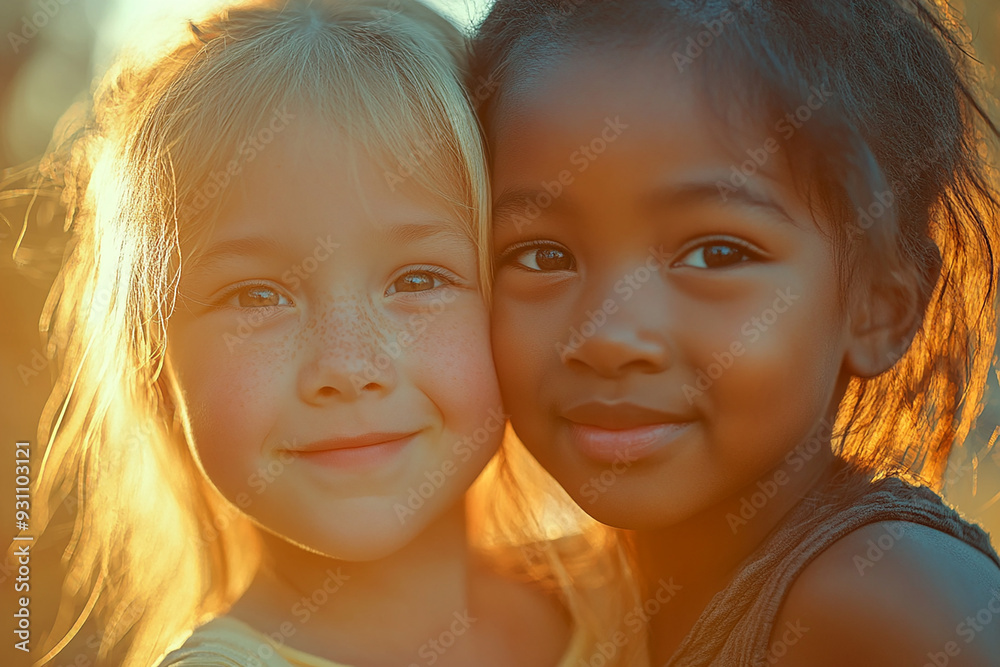 A group of children are playing happily in the sun. Children of different skin colors and nationalities are suitable for education and peace, showing strong tolerance.