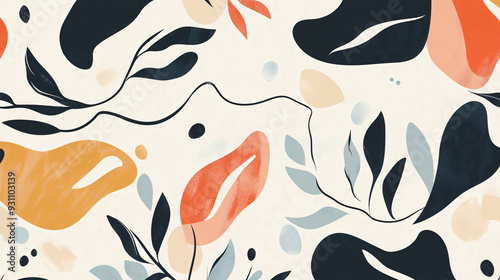 Fluid organic shapes with bold colors and botanical motifs, creating an abstract pattern with soft curves on a minimal backdrop3
