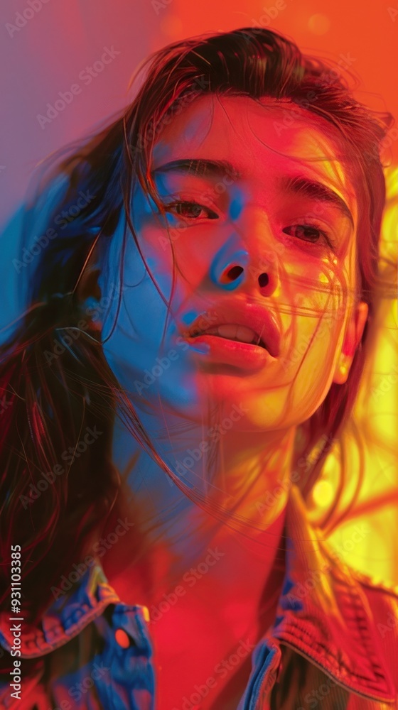 Close-up portrait of a young woman in colorful lighting, showcasing her expressive eyes and textured hair.