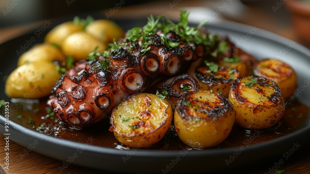 A plate of grilled octopus tentacles with roasted 299 food, meat, meal, dinner, chicken, dish, pork, plate, cuisine, sauce, beef, lunch, delicious, gourmet, baked, fried, roasted, cooking, cooked, m A plate of grilled octopus tentacles with roasted 299 food, meat, meal, dinner, chicken, dish, pork, plate, cuisine, sauce, beef, lunch, delicious, gourmet, baked, fried, roasted, cooking, cooked, m