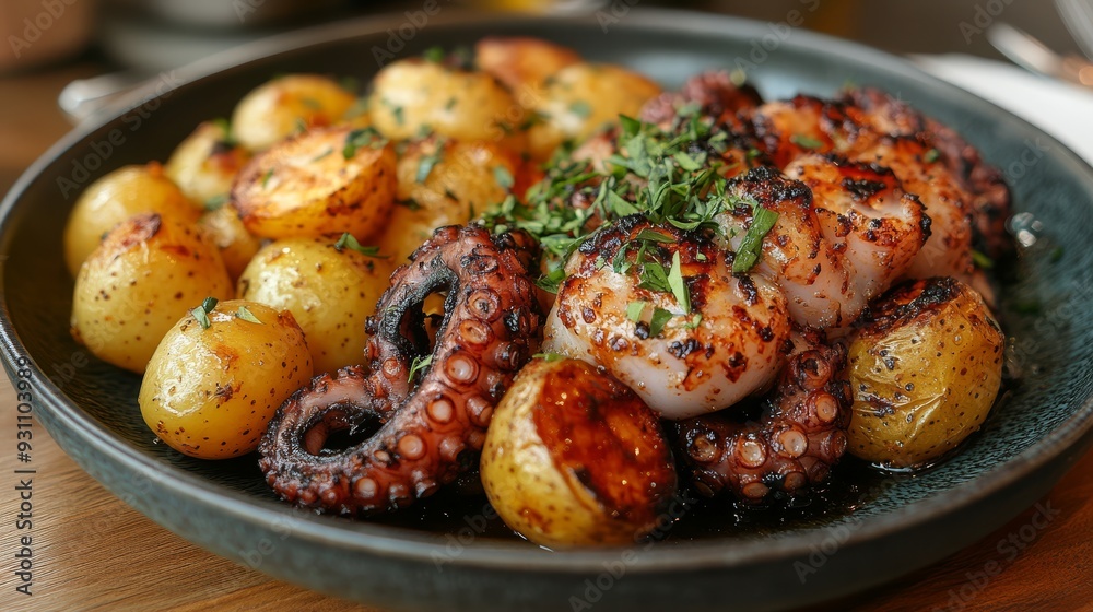A plate of grilled octopus tentacles with roasted 573 food, meat, chicken, meal, dinner, dish, cuisine, pork, fried, roasted, plate, cooking, vegetable, sauce, vegetables, gourmet, beef, delicious, A plate of grilled octopus tentacles with roasted 573 food, meat, chicken, meal, dinner, dish, cuisine, pork, fried, roasted, plate, cooking, vegetable, sauce, vegetables, gourmet, beef, delicious,