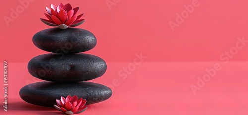 Three black stones stacked on top of each other with a red flower on top. A red flower sits in the bottom right corner. The background is red.