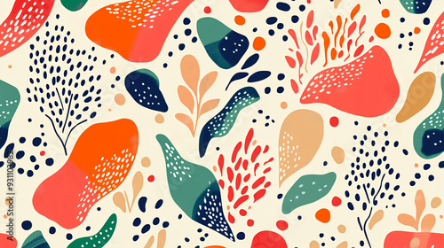 Layered organic shapes and playful dots in a seamless pattern with vibrant colors and soft curves2