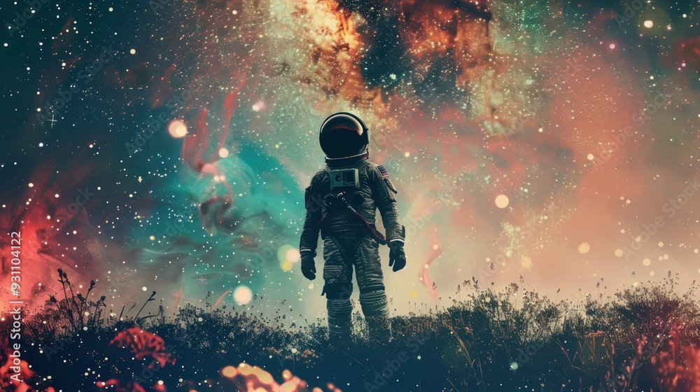 Obraz premium Astronaut standing in a field of grass under a starry sky.