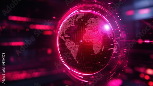 A glowing digital globe in shades of pink, representing a connected world and global network.