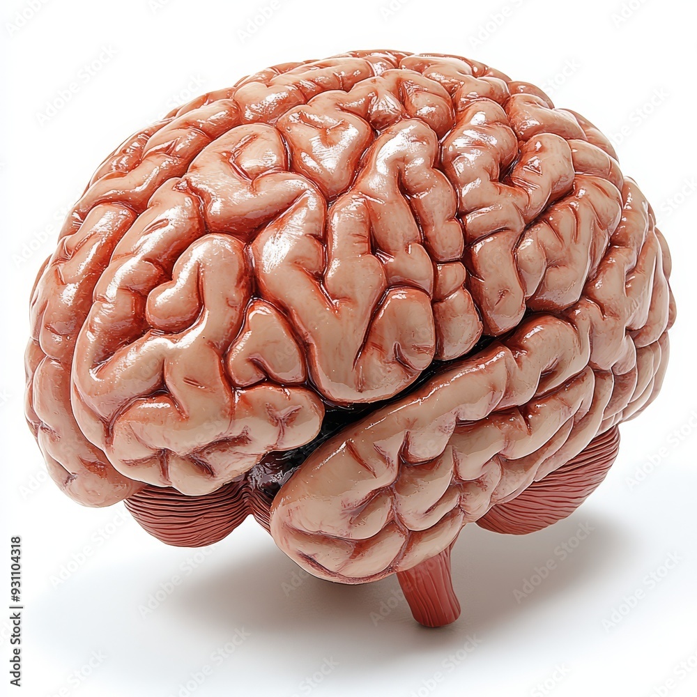 Naklejka premium A realistic model of a human brain isolated on whi 186 brain, human, anatomy, mind, intelligence, science, isolated, head, organ, 3d, medical, cerebellum, neurology, think, illustration, cerebral, me