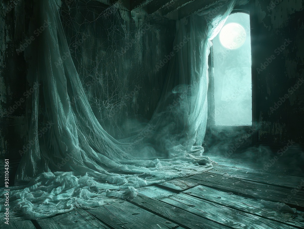 Obraz premium Tattered Cobweb Curtains in a Creepy Attic with Moonlight