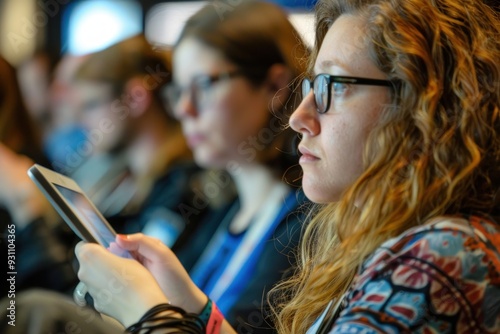 Focused conference attendee with glasses using a tablet