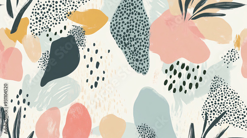 Layered organic shapes with pastel hues and soft curves, creating a seamless abstract pattern with botanical elements1