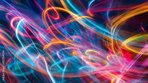 Light trails in neon colors creating abstract grids, organic shapes intersecting dynamically1