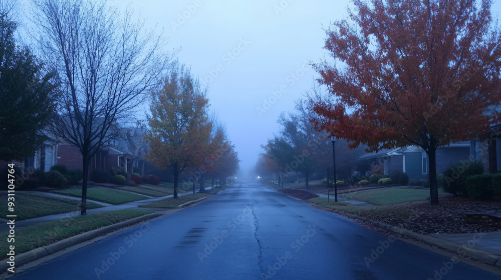 Morning fog lifting over a quiet street, Monday morning, peaceful start Morning fog lifting over a quiet street, Monday morning, peaceful start